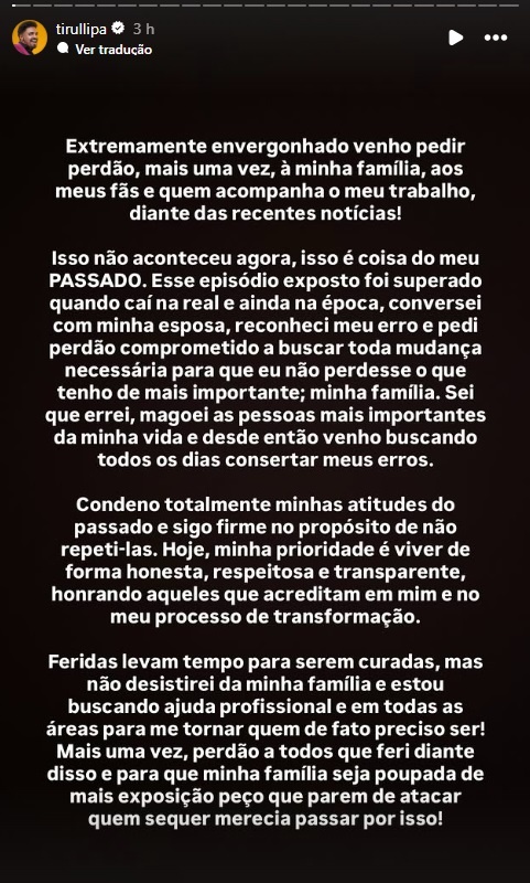 “Pedi perdão”, afirma Tirullipa sobre polêmica com filha de ex-assessor