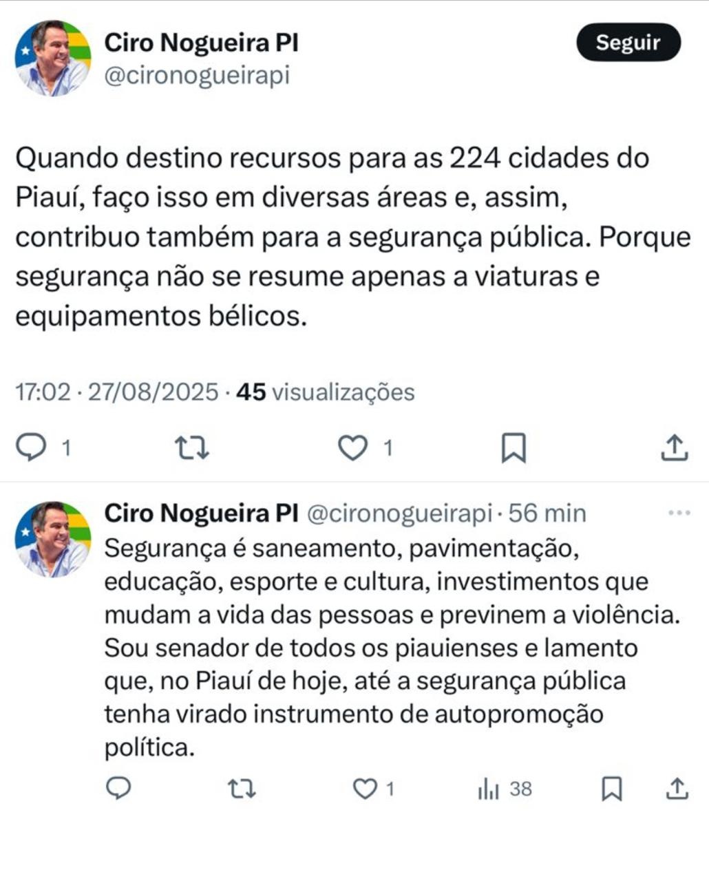 Publicação de Ciro Nogueira no X
