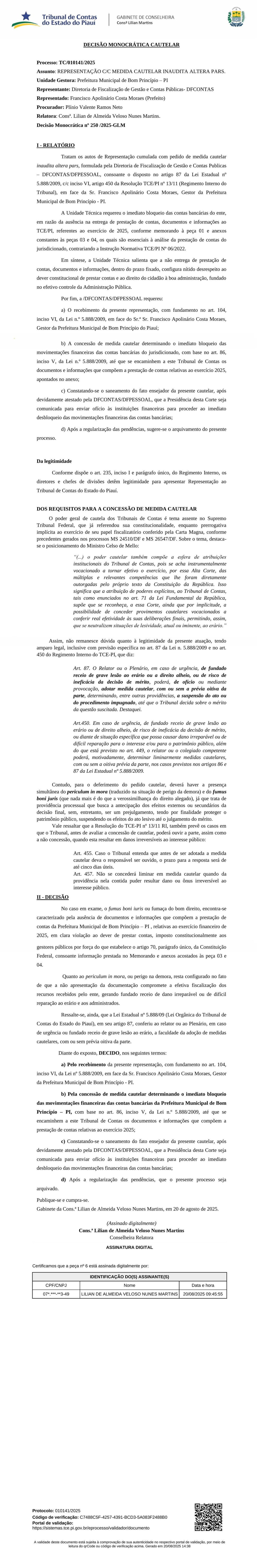 TCE-PI bloqueia contas de Bom Princípio por ausência de prestação de contas
