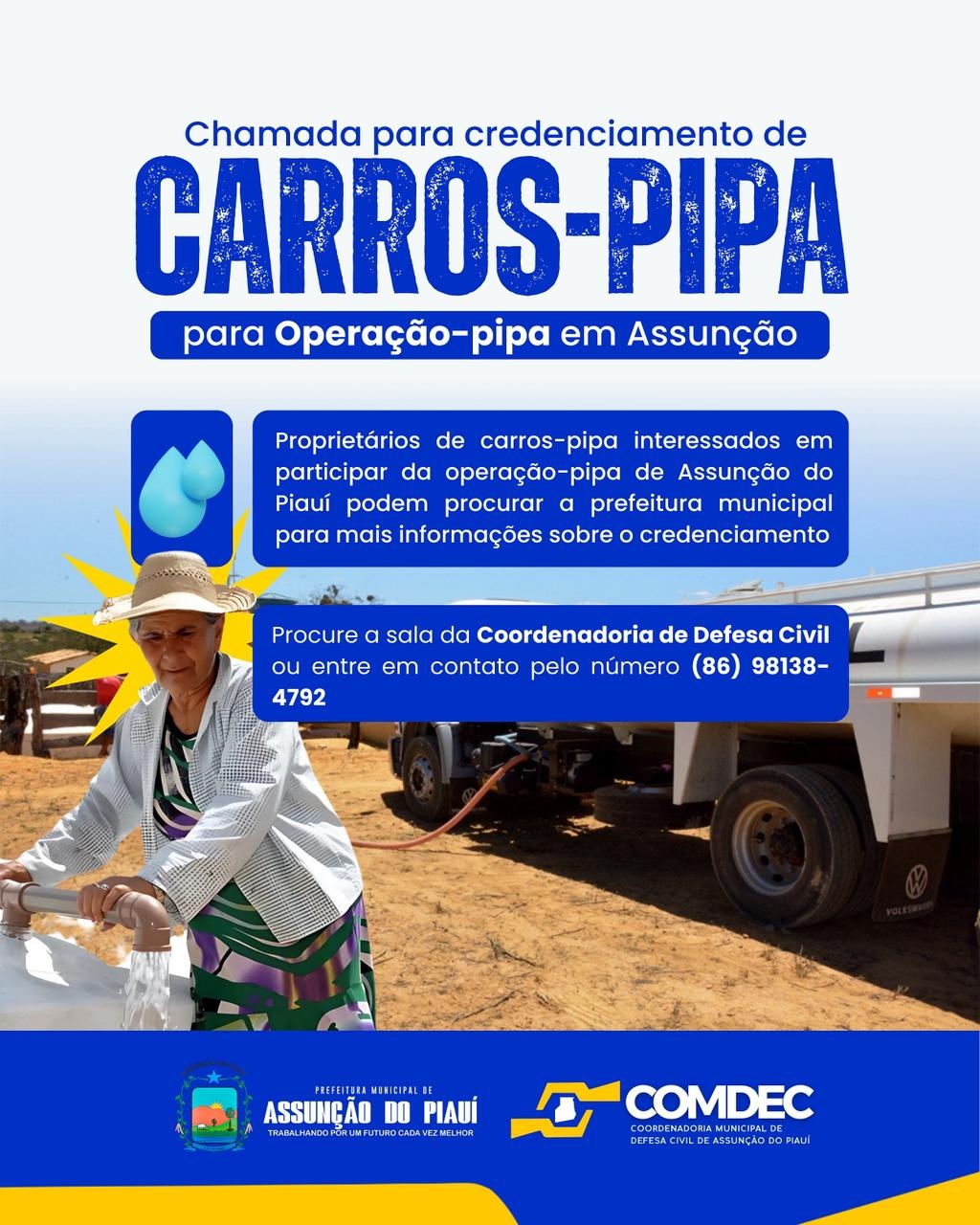 Assunção do Piauí inicia credenciamento de carros-pipa para enfrentamento da seca