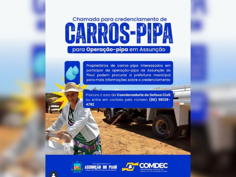Assunção do Piauí inicia credenciamento de carros-pipa para combater a seca