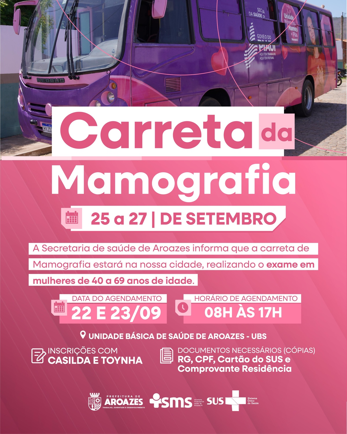 Carreta da Mamografia atenderá em Aroazes entre os dias 25 e 27 de setembro