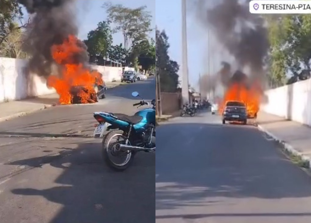 Carro pega fogo e fica destruído em via pública na zona Leste de Teresina