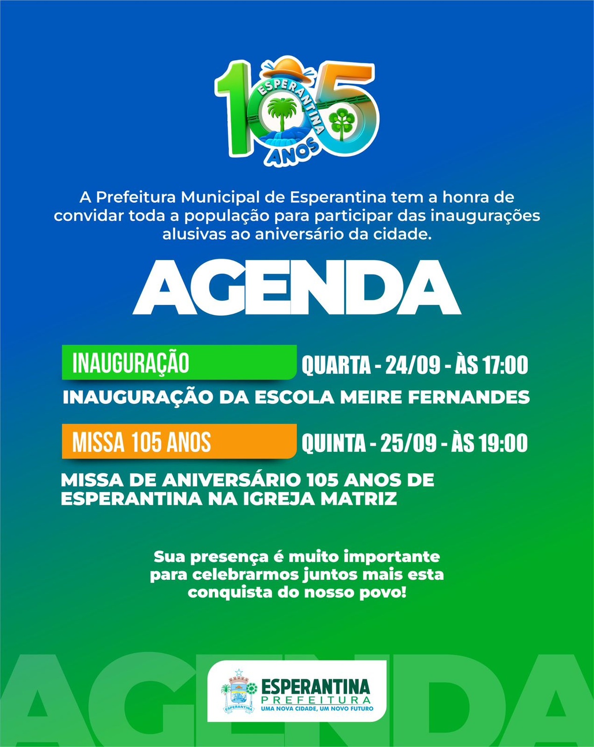 Confira a programação da Prefeitura de Esperantina alusiva aos 105 anos da cidade