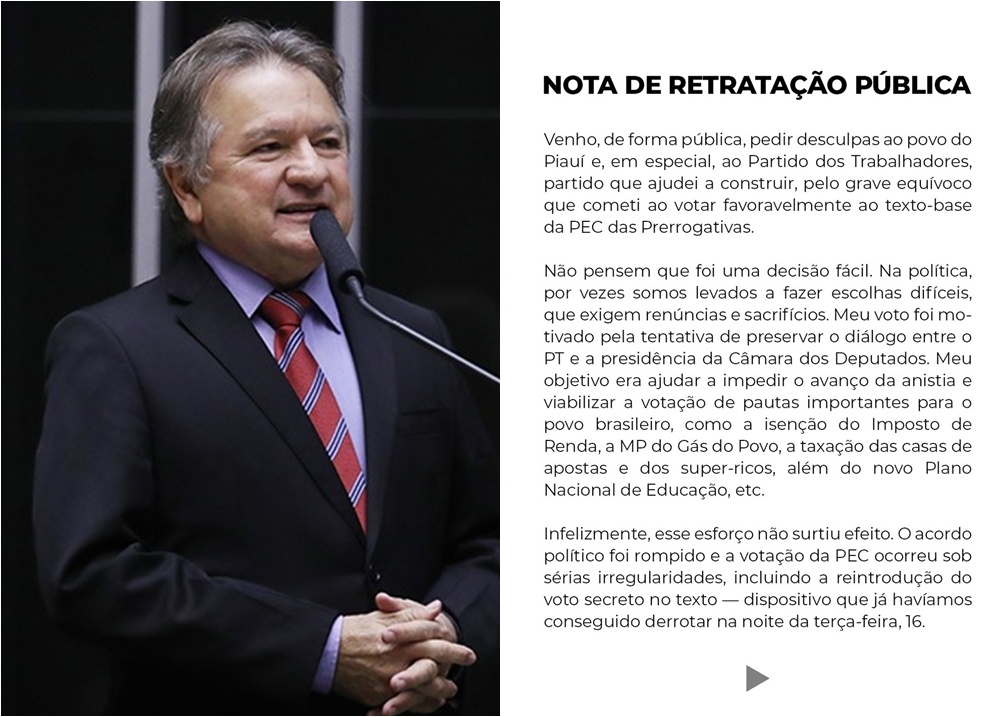 Deputado Merlong Solano se retrata após voto controverso na 'PEC da Blindagem'