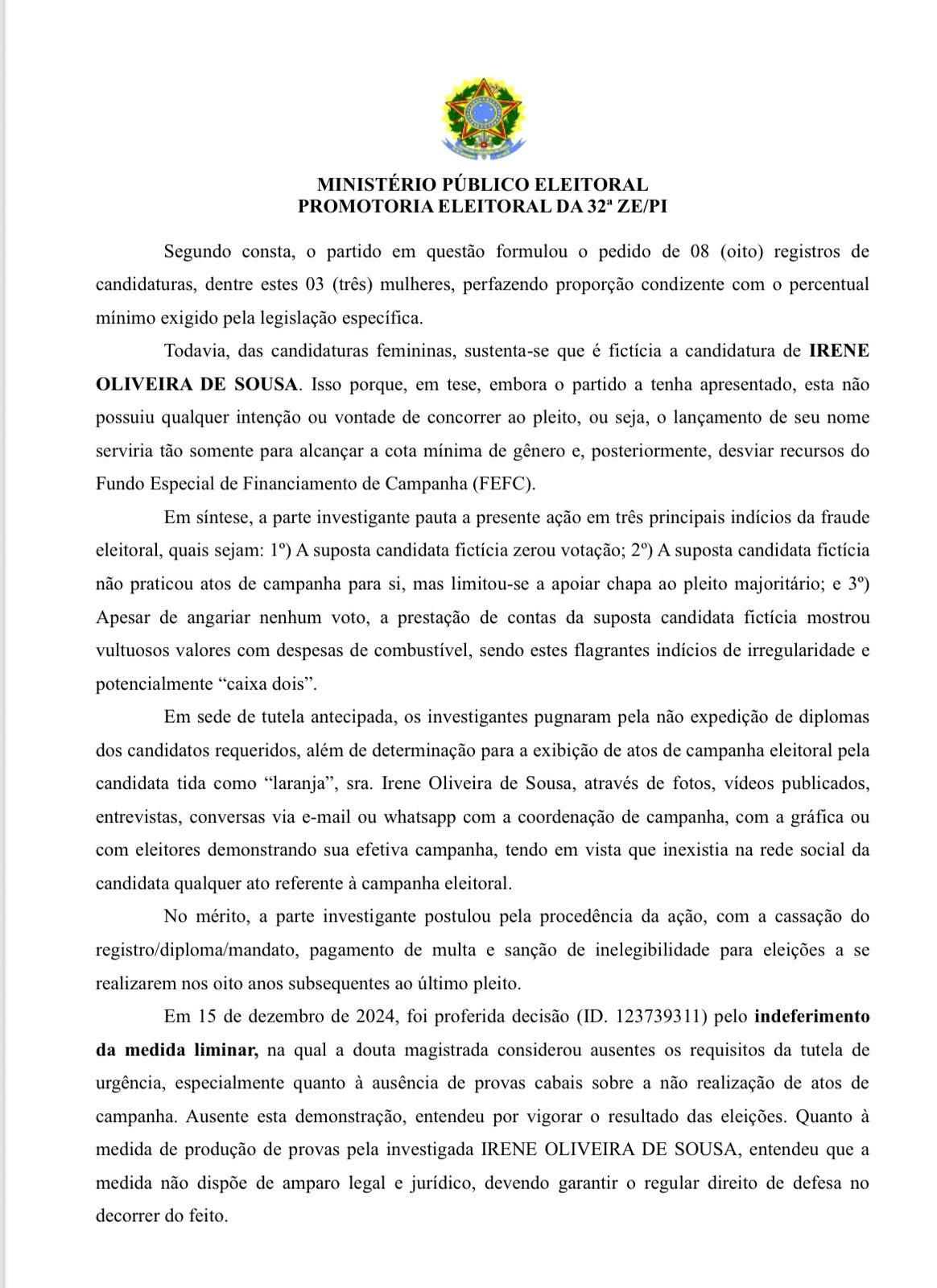 Justiça investiga MDB de Pau D’Arco por fraude à cota de gênero nas eleições