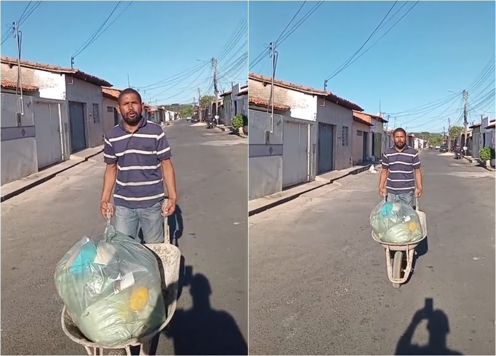 Morador carrega lixo em carrinho de mão por falta de coleta em Teresina