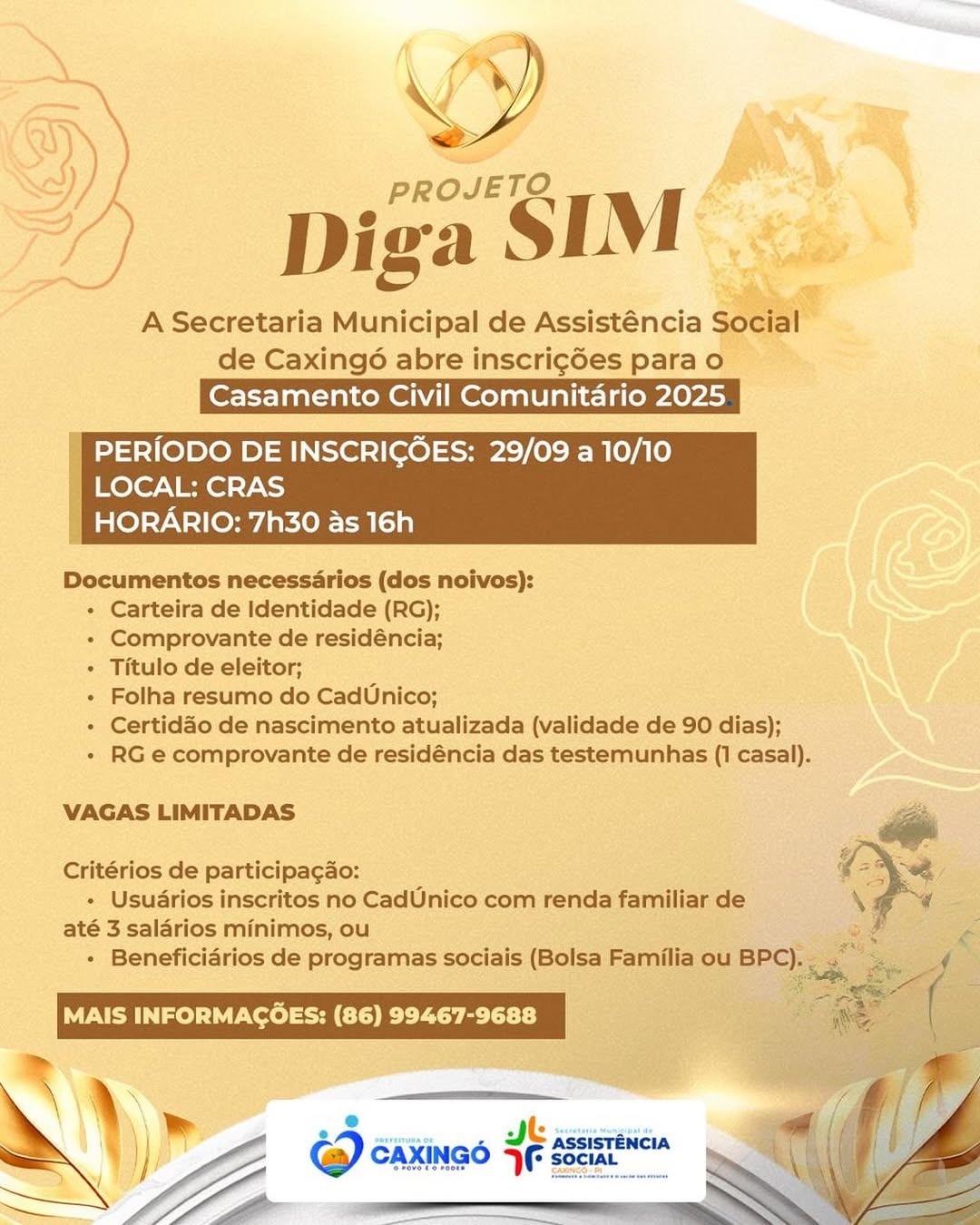 Município de Caxingó abre inscrições para Casamento Comunitário 2025