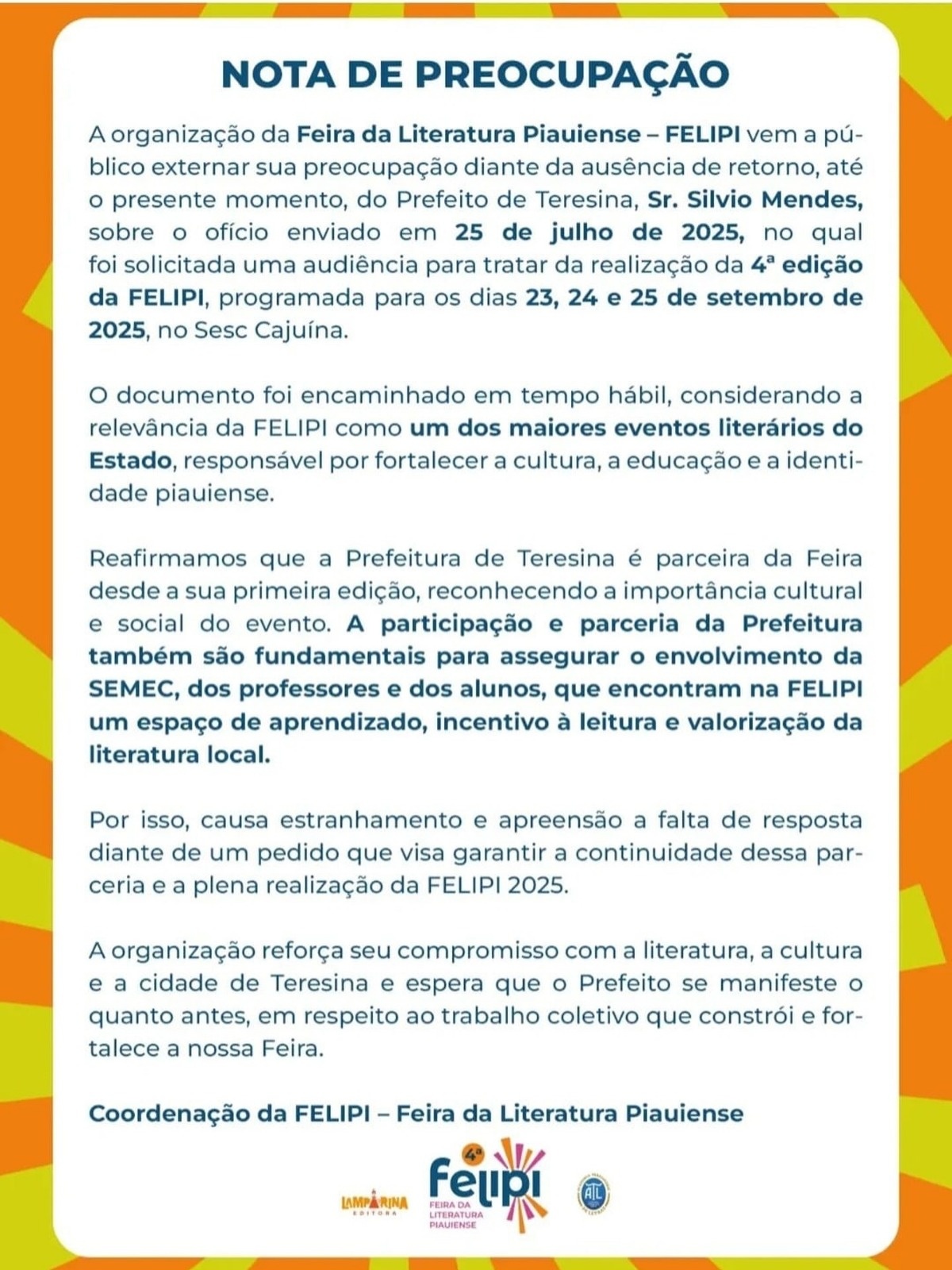 Organização da FELIPI cobra resposta da Prefeitura de Teresina sobre 4ª edição da feira