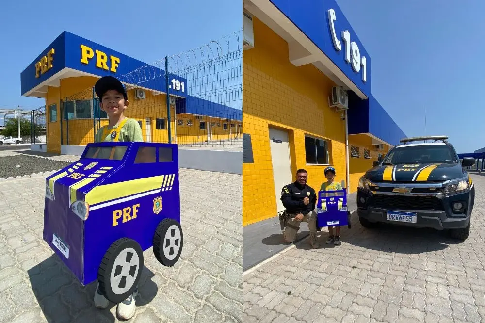 Pequeno fã da PRF realiza sonho após construir viatura de papelão em Parnaíba