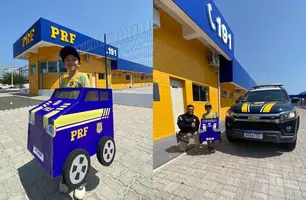 Pequeno fã da PRF realiza sonho após construir viatura de papelão em Parnaíba (Foto: Reprodução/PRF)
