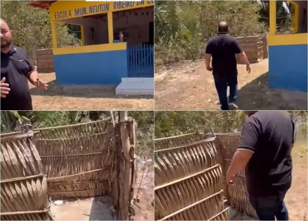 Prefeito reforma escola mas deixa banheiro de palha em cidade do Maranhão