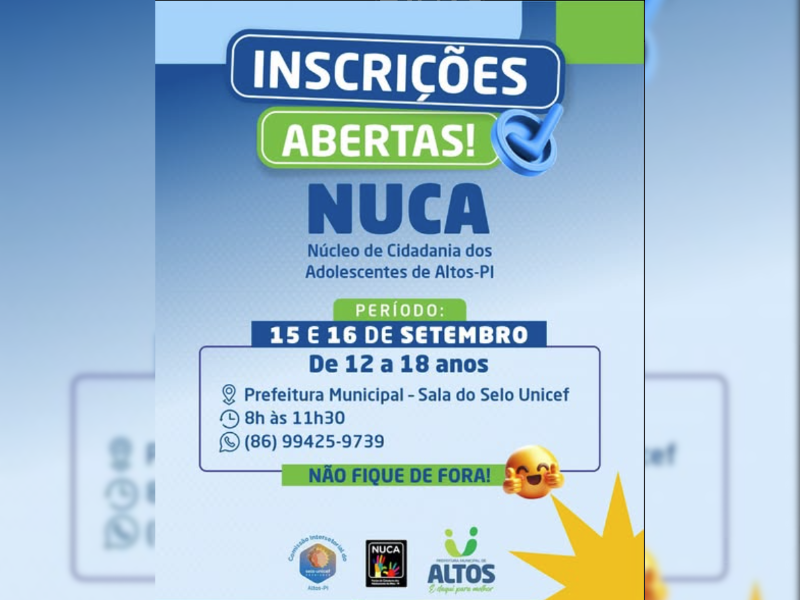 Prefeitura de Altos abre inscrições para o Núcleo de Cidadania dos Adolescentes