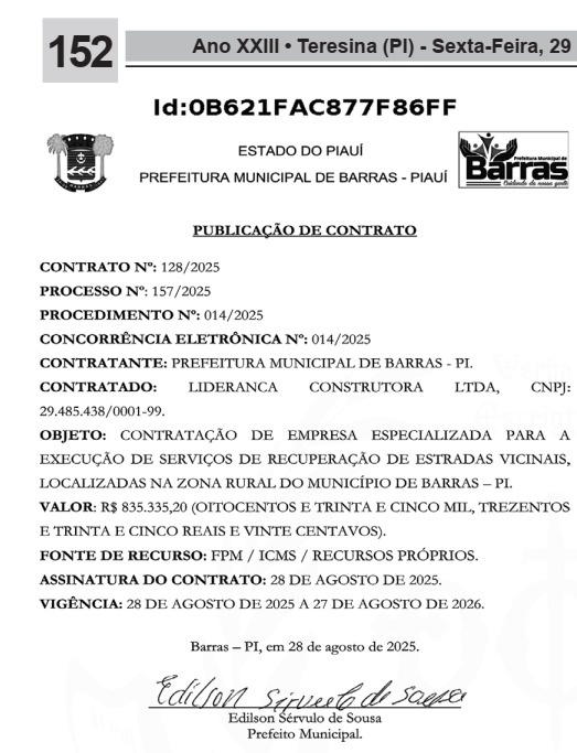 Prefeitura de Barras fecha contrato de quase R$ 1 milhão para recuperar estradas