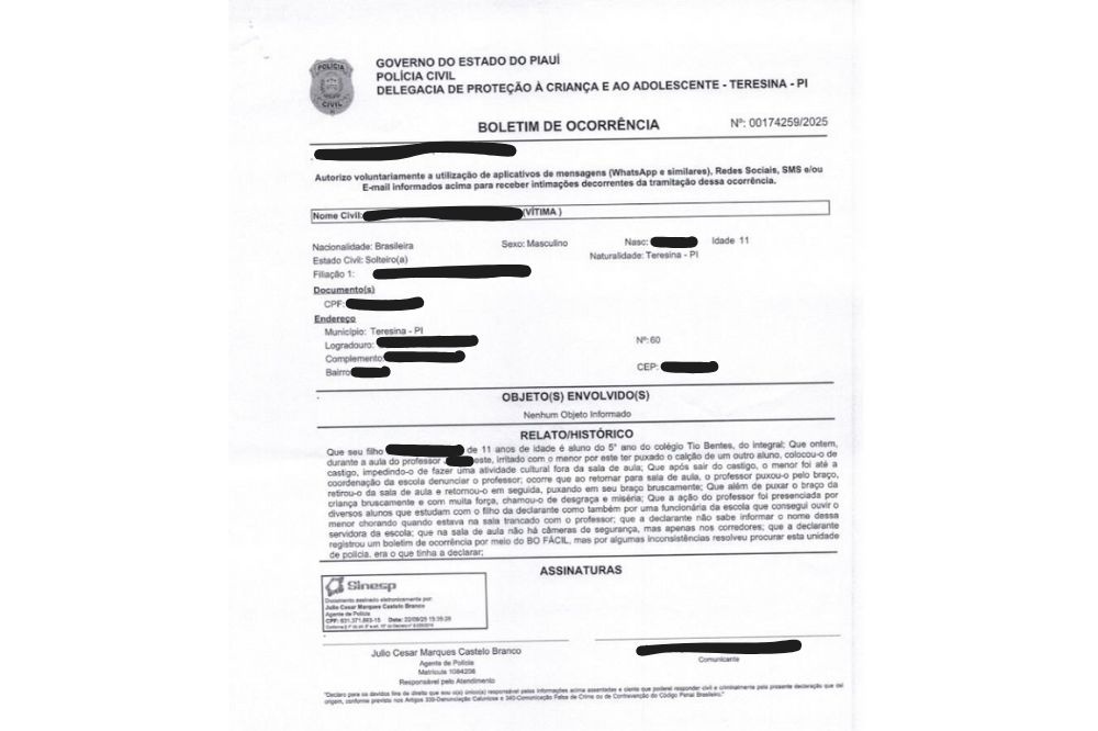 Trecho do Boletim de Ocorrência