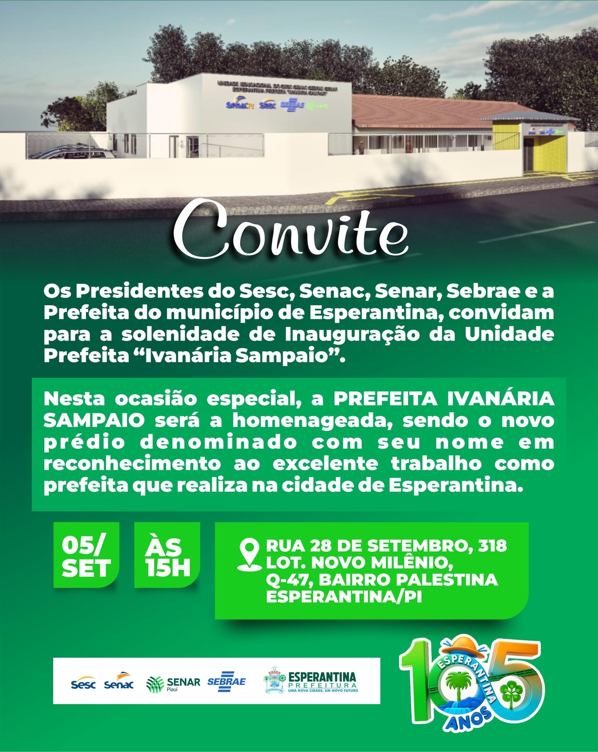 Unidade do Sesc, Senac, Senar e Sebrae será entregue à população de Esperantina