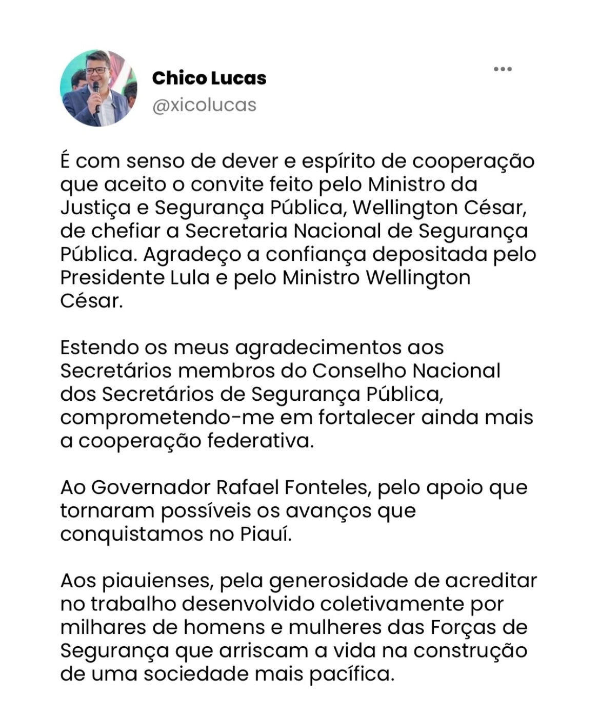 Ao assumir secretaria nacional, Chico Lucas agradece ao piauienses