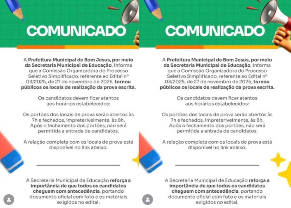 Bom Jesus divulga locais de prova do Processo Seletivo Simplificado da Educação