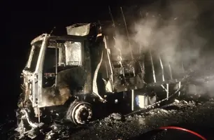 Caminhão baú é completamente destruído após incêndio na BR-343, em Floriano (Foto: Reprodução)