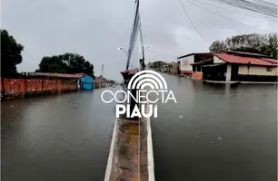 Chuva intensa faz 'Piscinão' transbordar e causa alagamentos em Parnaíba (Foto: Reprodução)