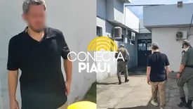 Homem é conduzido após se passar por PM em unidade da corporação em Teresina (Foto: Repórter 12/Conecta Piauí)
