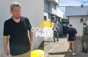 Homem é conduzido após se passar por PM em unidade da corporação em Teresina (Foto: Repórter 12/Conecta Piauí)