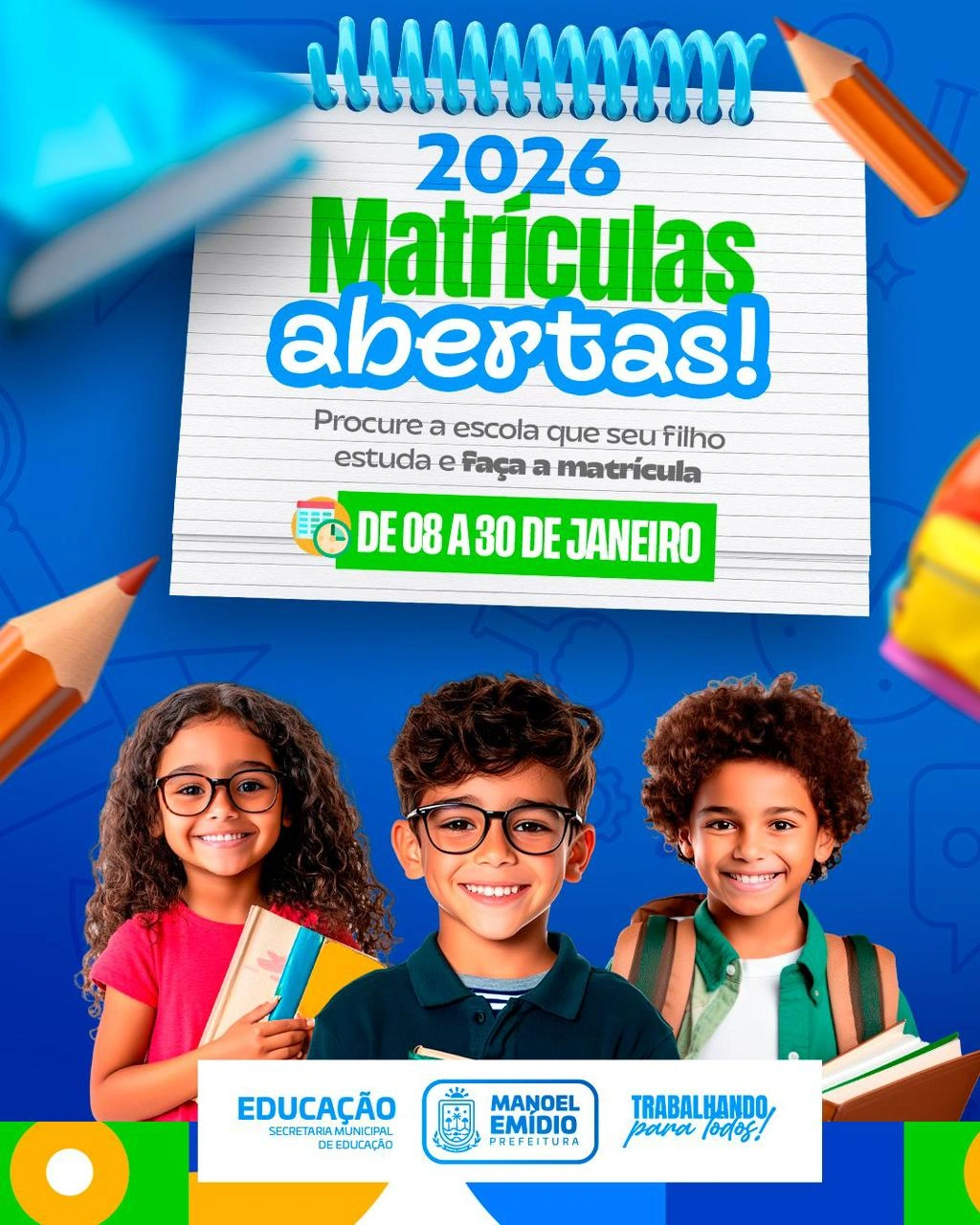 Matrículas 2026 abertas na rede municipal de Manoel Emídio