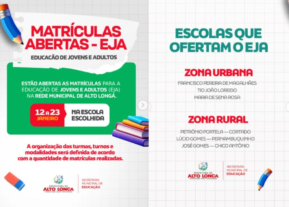 Prefeitura de Alto Longá abre matrículas para o Ensino de Jovens e Adultos