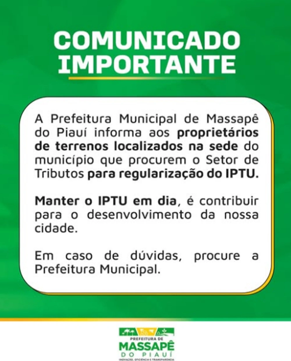 Prefeitura de Massapê orienta regularização do IPTU na sede do município
