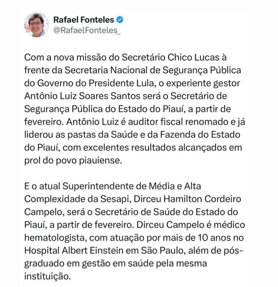Rafael Fonteles anuncia novos secretários da Segurança e da Saúde do Piauí
