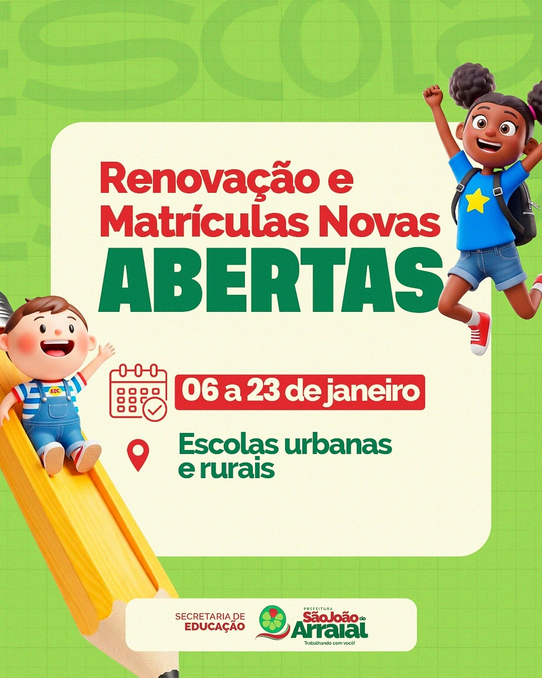 Rede Municipal de Ensino de São João do Arraial inicia matrículas para 2026