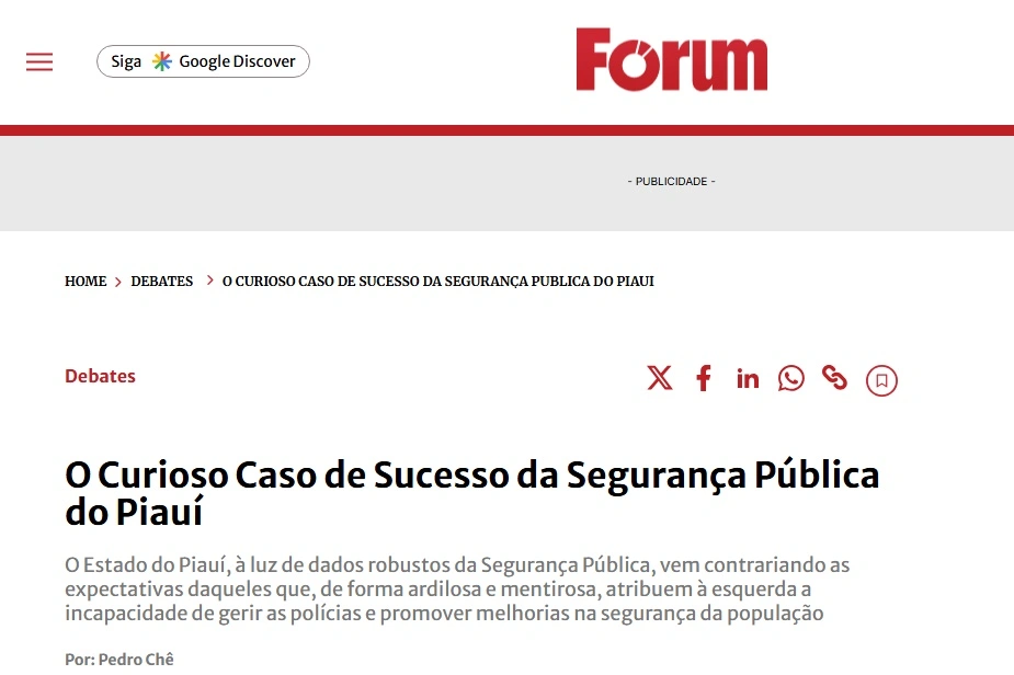 Revista Fórum destaca Piauí como caso de sucesso na segurança pública no Brasil