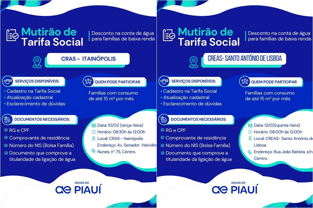 Águas do Piauí faz mutirões da Tarifa Social em dois municípios