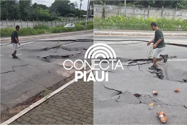 Asfalto cede e interdita avenida no Vale do Gavião, zona Leste de Teresina