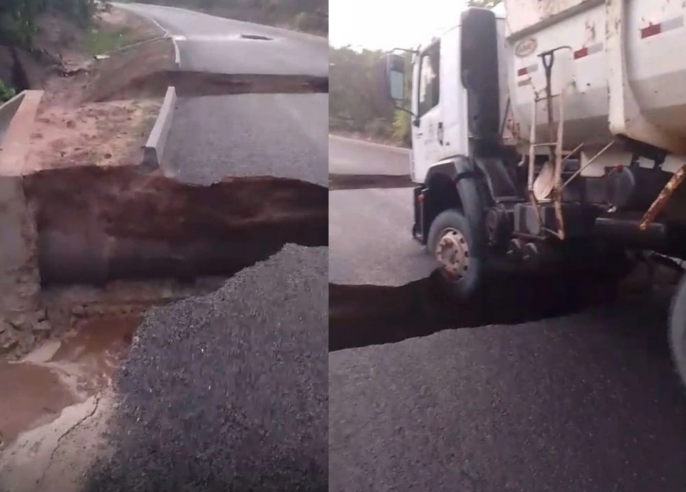 Caminhão baú fica preso em crateras formadas por fortes chuvas em estrada do PI