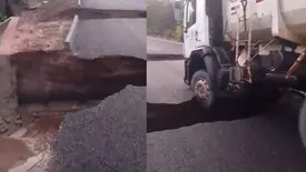 Caminhão baú fica preso em crateras formadas por fortes chuvas em estrada do PI (Foto: Reprodução)