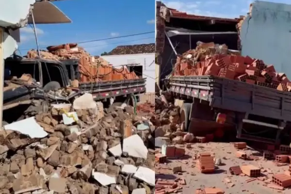 Caminhão com carga de tijolos invade depósito no Centro de Massapê do Piauí