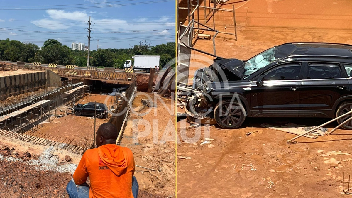 Carro perde controle, invade obra na BR-226 e cai em fosso de ponte em construção