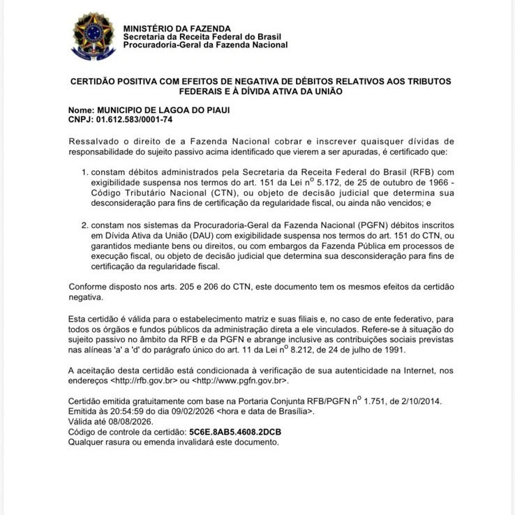 Lagoa do Piauí quita débitos na Receita Federal e reforça equilíbrio fiscal