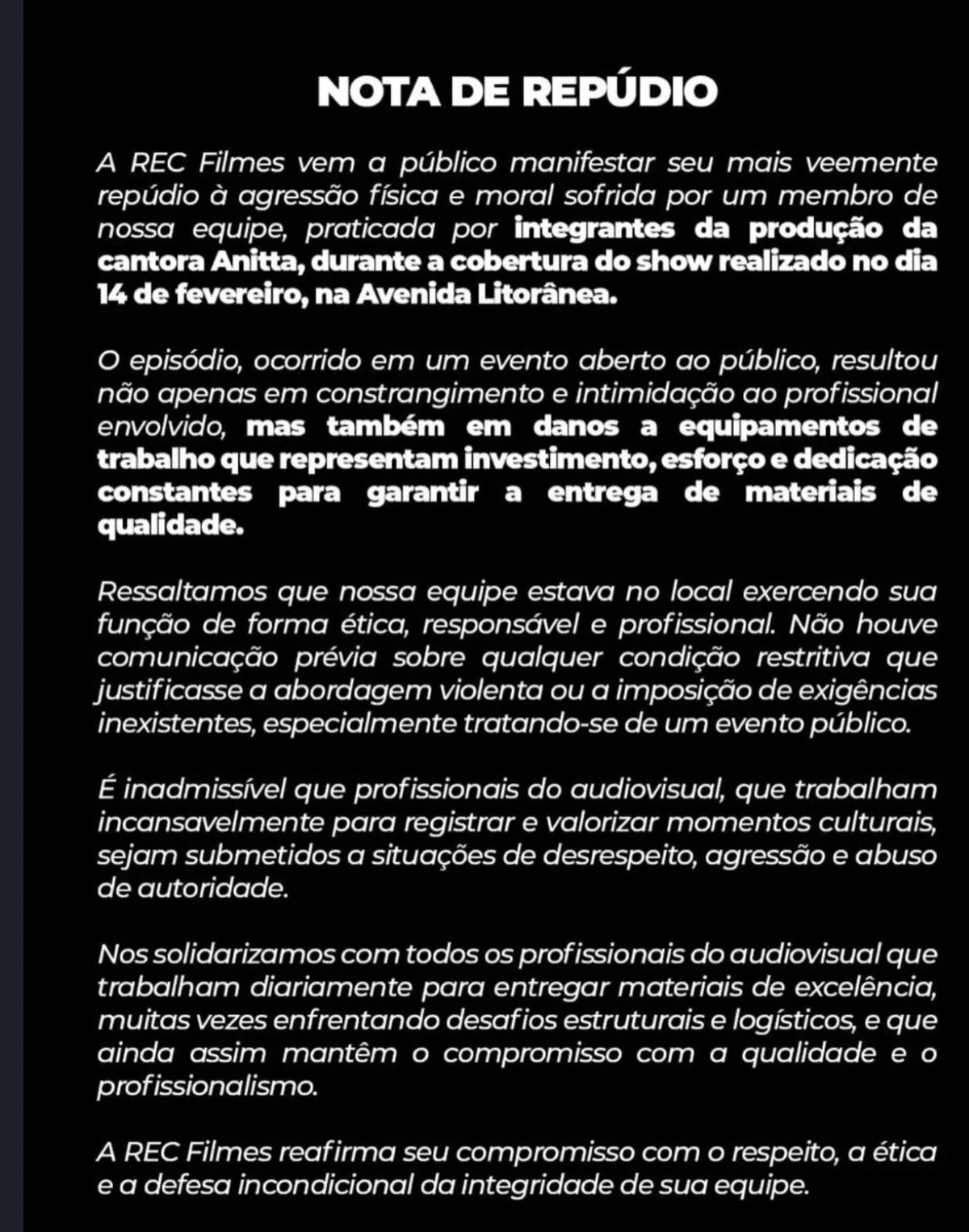 REC Filmes repudia agressão a equipe durante cobertura de show em São Luís