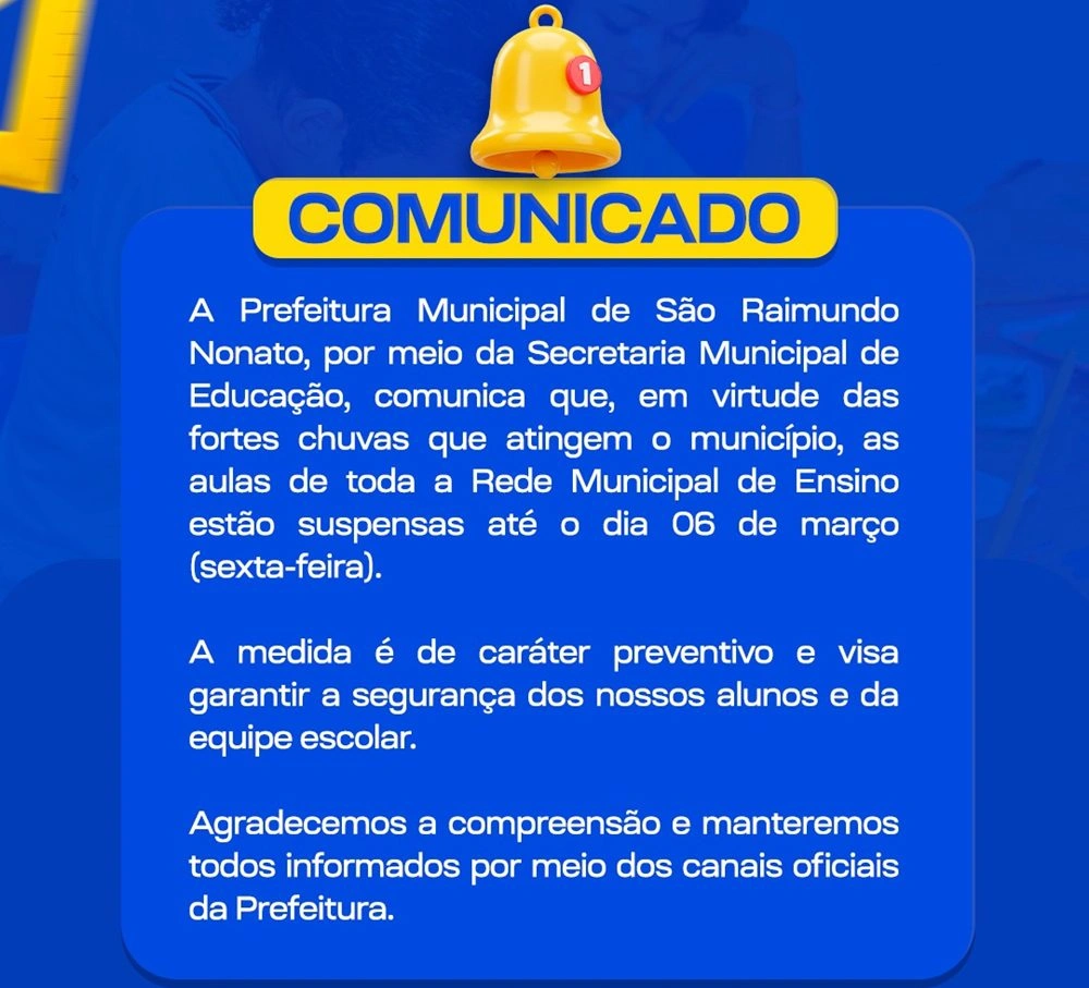 Aulas são suspensas em São Raimundo Nonato por causa das chuvas