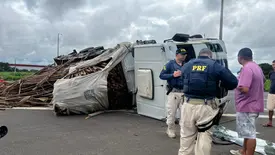 Caminhão com carga de madeiras tomba e atinge poste na BR-316, em Teresina (Foto: Conecta Piauí)