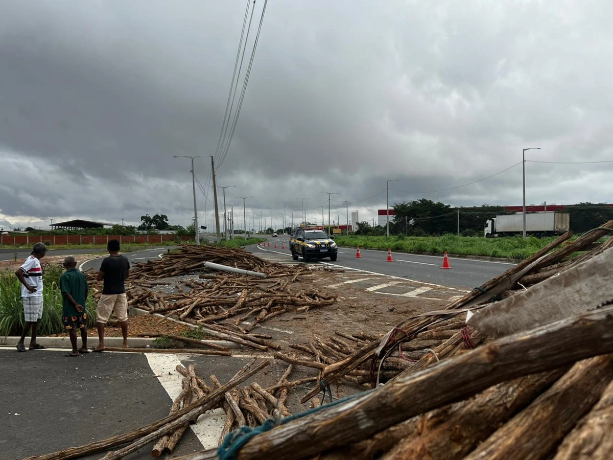 Caminhão com carga de madeiras tomba e atinge poste na BR-316, em Teresina