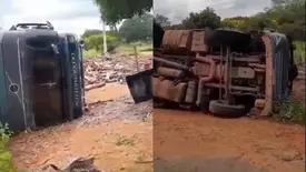 Carreta que transportava carga de madeira tomba na zona rural de São Braz do Piauí (Foto: Reprodução)