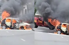 Carro pega fogo e fica completamente destruído na zona Sul de Teresina; vídeo