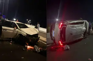 Colisão traseira deixa carro capotado no viaduto da Miguel Rosa, em Teresina (Foto: Reprodução)