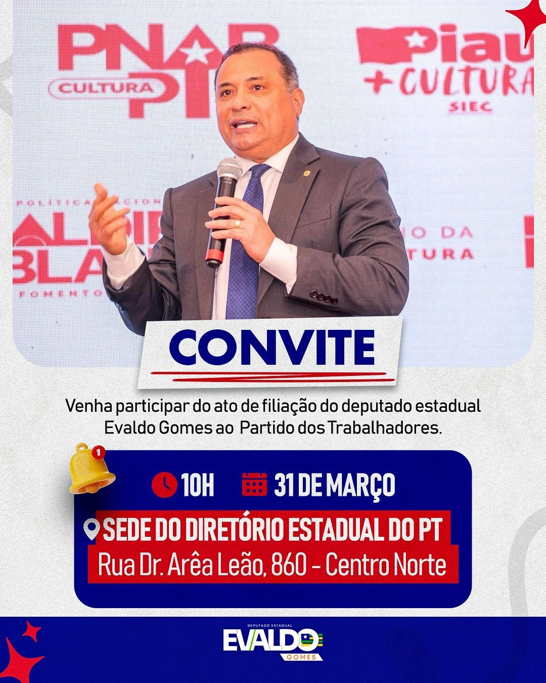 Deputado Evaldo Gomes oficializa filiação ao PT nesta terça-feira (31)