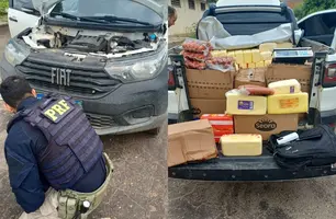 Dois jovens são detidos com carro roubado e 750 kg de alimentos sem nota em Picos (Foto: Divulgação/PRF)