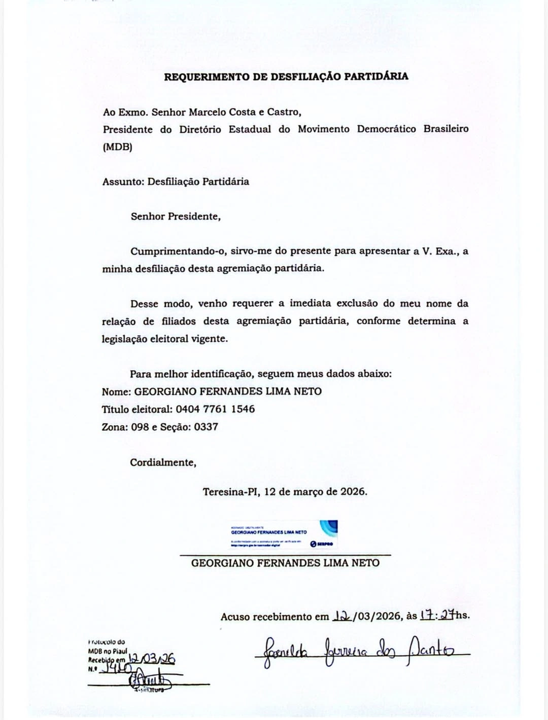 Georgiano Neto deixa MDB e prepara nova filiação para disputar 2026