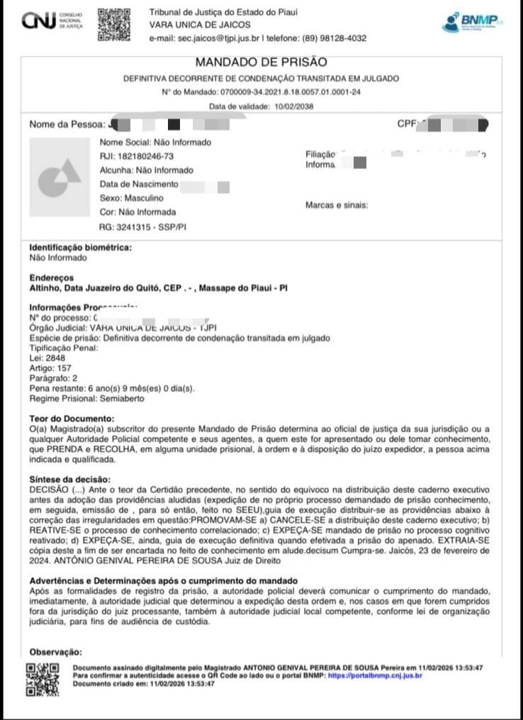 Homem com mandado de prisão aberto por roubo é preso dentro do Fórum de Jaicós